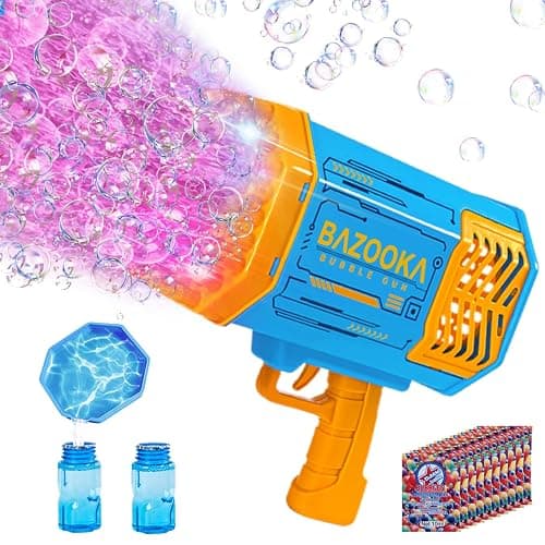Bubble Gun Bazooka Machine with Solution - 69 Holes Blaster for Outdoor Summer Toy, Party Favors - Blue Easter Bubble Maker Blowers for Kids - Image 1