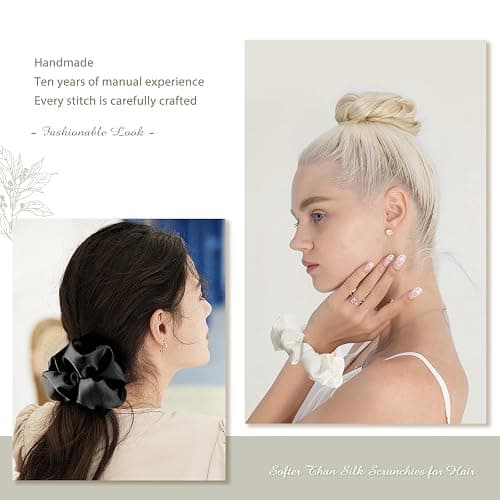 4PCS Large Satin Silk Scrunchies for Women - Big Glossy Scrunchie for Thick Hair Girl Hair Ties Ponytail Holders Jumbo Scrunchies (Black White Silver Champagne) thumbnail 2