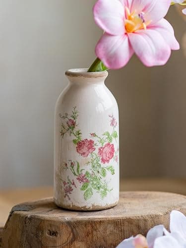 Ceramic Bud Vase 6 Inch, Small Vintage Flower Vase for Rustic Farmhouse Centerpieces, Wedding, Home,Table, Entryway, Shelf and Window Sill Decor - Rose Floral thumbnail 8