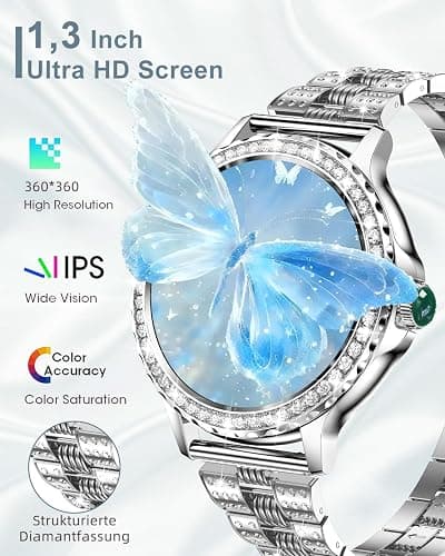 Smartwatch Donna, 1,3'' HD Orologio Smart Watch Diamante con Chiamate BLE5.2/2 Cinturini/110+ Sport/Sonno/Cardiofrequenzimetro, Orologio Digitale IP68 per Android iOS, Regalo Donna, Argento thumbnail 2