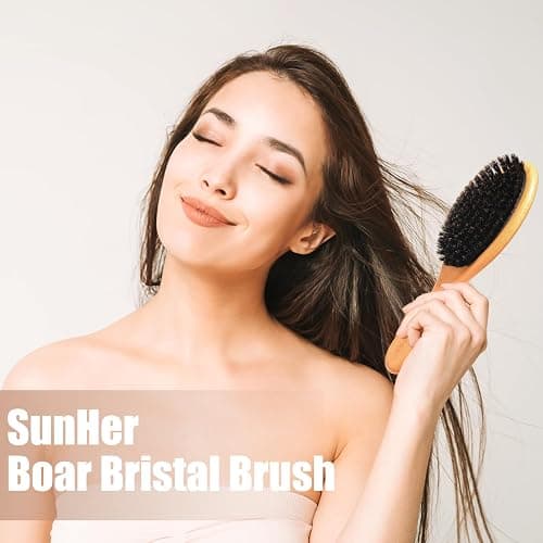 SunHer Boar Bristle Hair Brush - 100% Soft Boar Bristle Brush for Women Men Kids Restore Shine and Fine - Wooden Slick Back Hairbrush with Plastic Tail Comb for Short Thin Dry Hair thumbnail 8