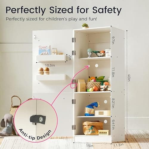 Tiny Land Wooden Toy Fridge with Spacious Storage, Realistic Play Kitchen Refrigerator for Kids’ Pretend Play with Three Freezer Magnets thumbnail 7