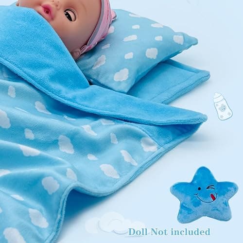 Baby Doll Accessories Bedding Set Soft Blanket Mattress Pillow Dolls Playset Fits 16-18 Inches American Doll Furniture Toy Girls and Boys (Blue) thumbnail 5