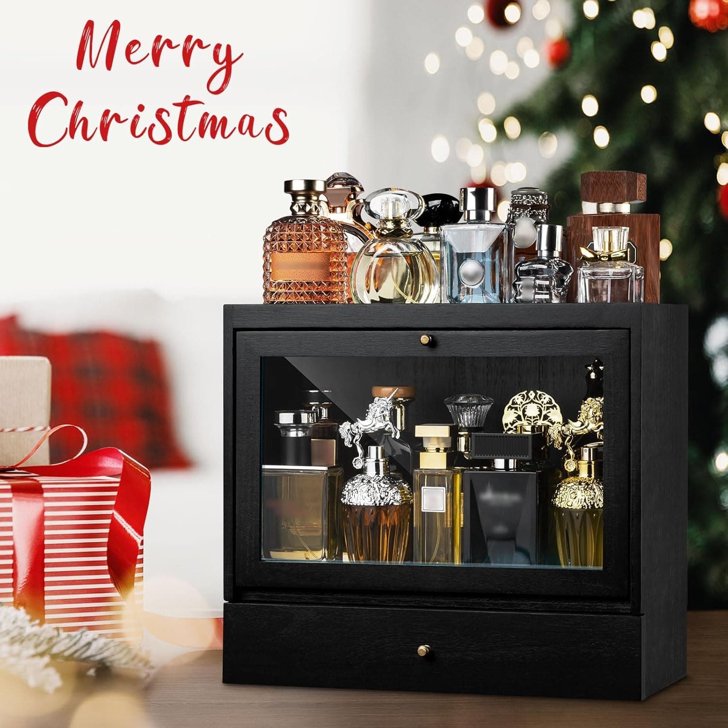 Cologne Organizer for Men, Large Capacity Dustproof Cologne Holder with Drawer, Solid Wood Perfumes Organizer for Men Dresser (Black) thumbnail 9