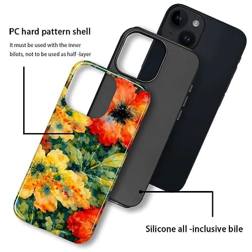 OURZPO Case Compatible with iPhone 15,Double Layer Protection, Matte Finish, Anti-Drop and Anti-Fingerprint Armor -Yellow and Red Watercolor Flowers thumbnail 2