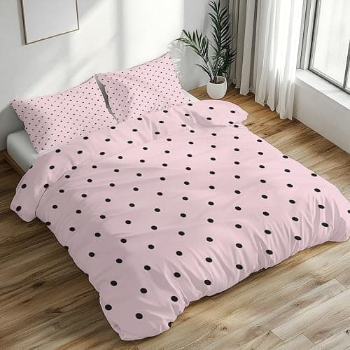 Pink Black Polka Dot Duvet Cover Full 3 pcs, Modern Cute Girly Bedding Set, Super Soft Microfiber, 2 Pillow Sham, Zipper Closure Corner Ties, Polka Dots Decor & Giftsft-3 thumbnail 2