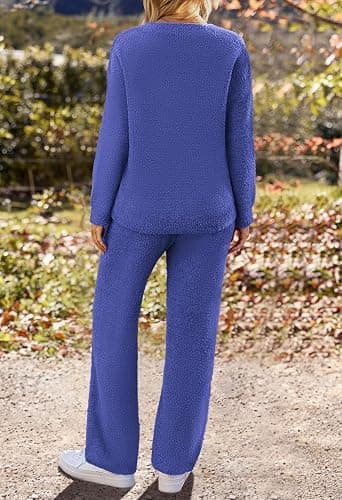 MEROKEETY Women's 2 Piece Outfits Fuzzy Fleece Pajama Set Long Sleeve Top Wide Leg Pants Loungewear thumbnail 4