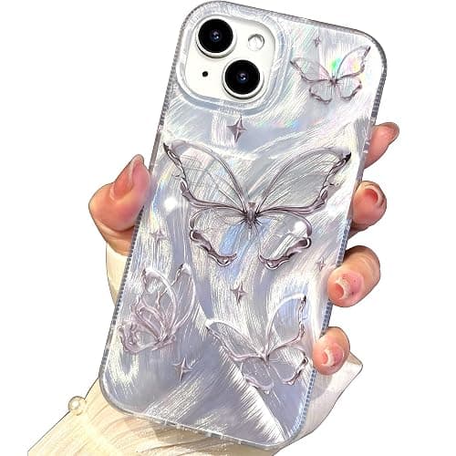 I-MGAE-IN-AR for iPhone 13 Case & iPhone 14 Case Shiny Silver Butterfly Design,Trendy Cute Soft Slim Shockproof TPU Protective Phone Cases Cover for Women Girls Aesthetic Glitter,iPhone 14/13 6.1" - Image 1