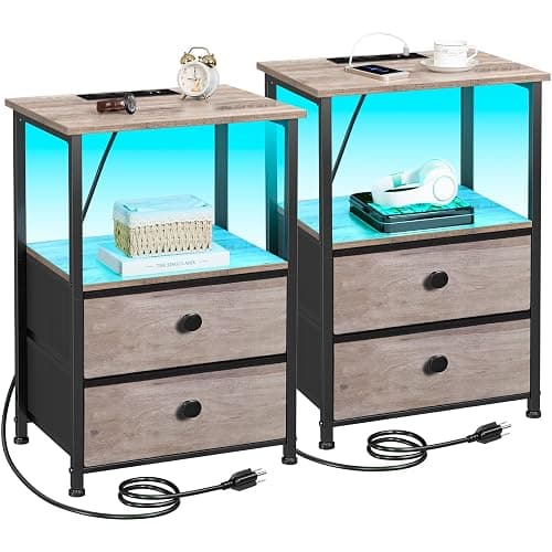 LOAKEKEL Night Stand Set 2, LED Nightstand with Charging Station, End Tables with Storage Shelf, Bedside Table with 2 Fabric Drawers for Bedroom, Small Spaces, Grey HETS02PGY - Image 1