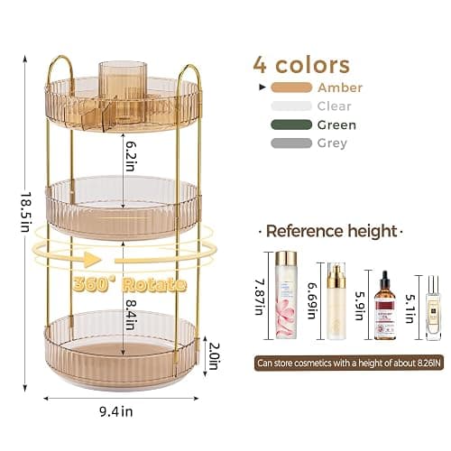 360° Rotating Makeup Organizer, Upgraded 3 Tier Skincare Perfume Organizers for Women, Bathroom Organizer Countertop, Clear Cosmetic Dresser Organizer with Makeup Brush Holder, Sink&Counter(Amber) thumbnail 2