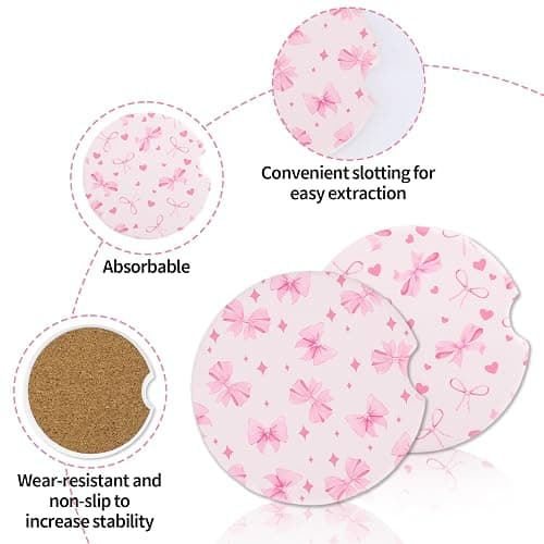 4pcs Pink Bow Car Coasters, Coquette Bow Cup Holder Coasters with Finger Notch Absorbent Cork Ceramic Cupholder Coaster for Car Women thumbnail 4