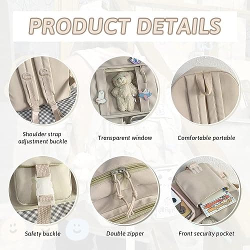 EVEOUT Cute Kawaii Nylon School Backpack for Girls, Large Capacity Multi-Pocket Casual Student Bookbag, Lightweight Travel Daypack for School & Outdoor Use thumbnail 6