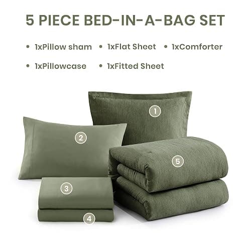 Monbix Twin XL Comforter Set Olive Green, Cationic Dyeing Bedding Set Reversible 5 Pieces, All Season Bed in a Bag with Comforter, Sheets, Pillowcase & Sham thumbnail 7