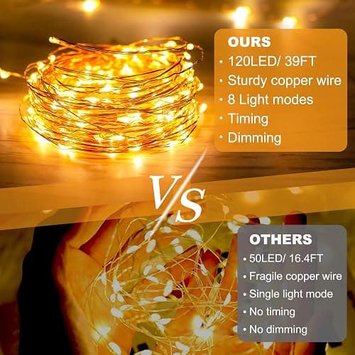 litogo 2 Packs Fairy Lights USB Plug in, 39ft 120 LED String Lights with Remote Control, 8 Modes/Timer Twinkle Lights Dimmable, Warm White Lights for Bedroom Christmas Indoor Decor thumbnail 5
