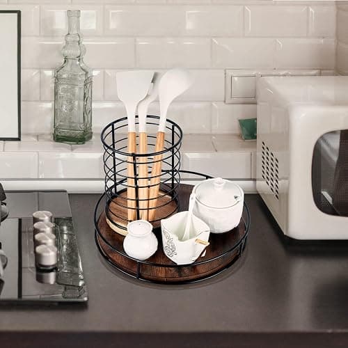 12 Inch Wood Lazy Susan, Rustic Brown Turntable Organizer with Steel Frame, 360 Degree Decorative Turntable for Countertop or Centerpieces thumbnail 2