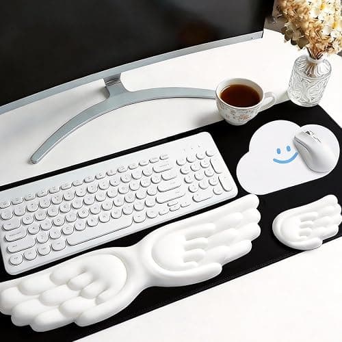 Angel Wing Wrist Rest Ergonomic Angel Wings Keyboard Wrist Rest with Mouse Hand Support and Cloud Mouse Pad Set, Pu Leather Surface, Non-Slip Base & Memory Foam for Office, Gaming, Work(3Pcs, White) - Image 1