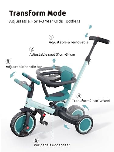 newyoo TR008 Toddler Push Tricycle, Toddler Bike for 1-3 Years Olds, Birthday Gift for Boys and Girls, 5 in 1 Balance Bike with Handle, Kids Trike with Safe Bar, Green thumbnail 5
