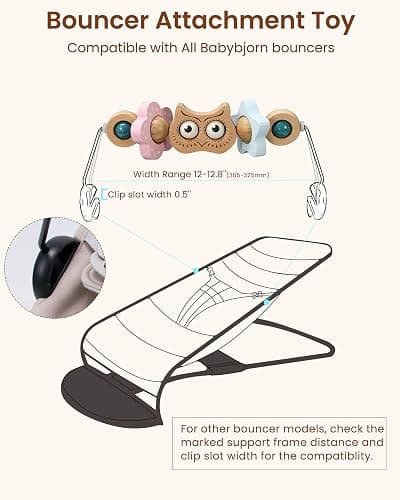 TinlyFinly Baby Bouncer Toy Bar Wooden Compatible with Baby Bjorn Bouncer, Bouncer Toy Attachment, Tight and Secure Fit, So Fun to Watch, Touch and Spin for Babies All Ages (Wood Color Owl) thumbnail 5