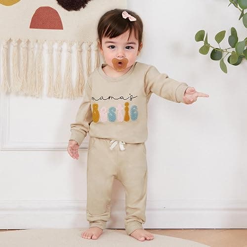 Kupretty Toddler Baby Girl Fall Winter Clothes Embroidered Letter Graphic Crewneck Sweatshirt + Joggers Pants Outfits Set thumbnail 3