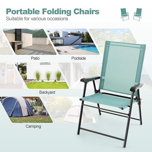 Tangkula Patio Folding Chairs Set of 4, Outdoor Sling Chairs with Breathable Fabric Back & Seat, Portable Dining Camping Chairs for Poolside, Yard, Garden, Deck, Lawn, Beach (Mint Green) thumbnail 8
