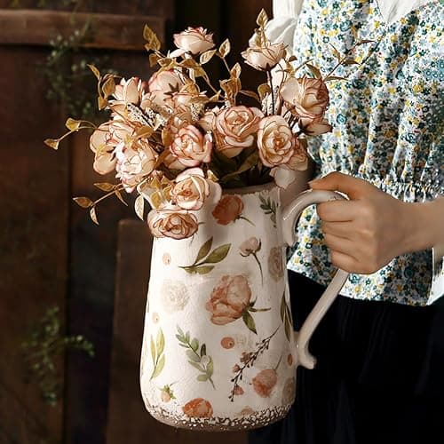 XIUWOUG Vintage Flower Vase Rustic Vases for Home Decor, Distressed Floral Vases with Handle, Ice Crack Pitcher Vase Scroll Tuscan Planter Gardening Decoration,C2 - Image 1