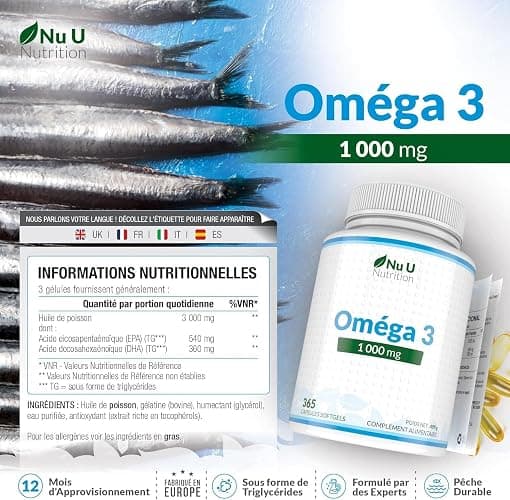 Omega 3 Fish Oil 1000 mg - Huile de Poisson - 365 Gélules - Cure d'1 An - Riche en EPA 540mg et DHA 360mg - Compléments alimentaires de Nu U Nutrition thumbnail 2