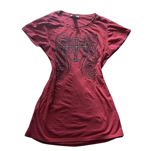 Womens Y2k Graphic Baggy Tees Shirts 2000s Gothic Grunge Emo Tops Fairycore Clothes - Red 77 - Small