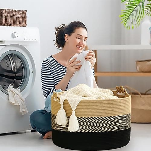 KAKAMAY Large Blanket Basket (20"x13"),Woven Rope Baskets for storage Baby Laundry Hamper, Cotton Rope Blanket Basket for Living Room, Laundry, Nursery, Pillows,Baby Toy chest (Jute/Black) thumbnail 5