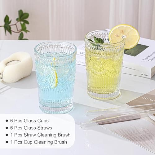 ZMOWIPDL Vintage Glassware Drinking Glasses Set of 6,13 oz Clear Textured Flower Design Glass Water Tumblers，Embossed Striped Drinkware for Water,Cocktails,Juice,Iced Coffee thumbnail 5