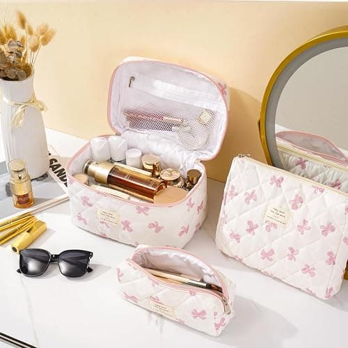 UYUUY Makeup Bag for Women 3PCS Quilted Cotton Make Up Bag Travel Cosmetic Bag Large Makeup Bag Set Cute Bow Makeup Bag Organizer Floral Toiletry Bag Makeup Pouch for Purse - White thumbnail 2