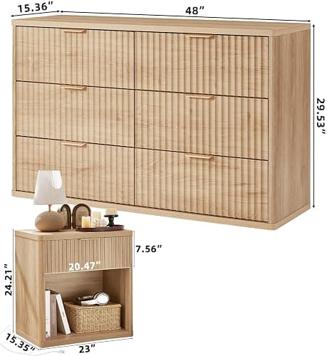 LEYAOYAO 48" Wide Fluted Dresser and 1 Drawers 23" Nightstand Set of 2, Wooden Dresser & Night Stand with Charging Station, 3 Piece Bedroom Furniture Set, Chest of Drawer for Living Room,Natural Wood thumbnail 3