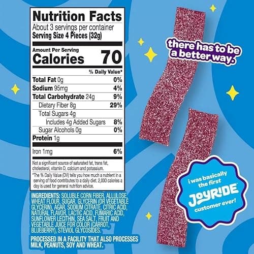 Joyride Sweets Sour Blue Raspberry Candy Strips, 3.5oz Pack, Sour Gummy Candy Strips, 80% Less Sugar, Plant Based Candy thumbnail 3