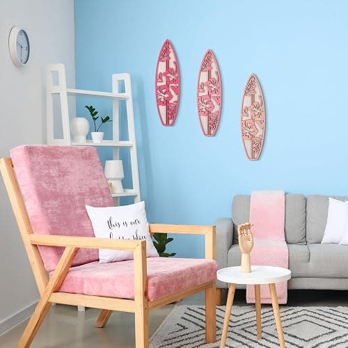 RattanView 3 Pieces Hibiscus Surfboard Decor for Bedroom Wooden Beach Wall Decor Summer Wood Surfboard Wall Hanging Sign for Tropical Living Room Decoration(Pink) thumbnail 2