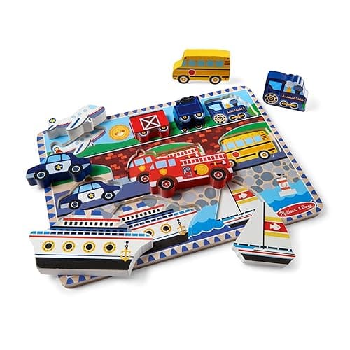 Melissa & Doug Vehicles Wooden Chunky Puzzle - Plane, Train, Cars, and Boats (9 pcs) - FSC Certified - Vehicles
