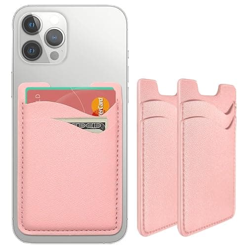 Leather Phone Card Holder, 2-Pack Stick-On Wallet for iPhone, Samsung - Pink - Image 1