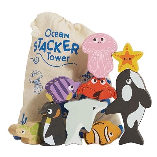 Le Toy Van Under the Sea Ocean Animals Stacking Toy and Bag | Sustainable Wooden Balancing Toy, Sea Animal Characters for Toddlers, Suitable for 18 Months and Up - Image 1