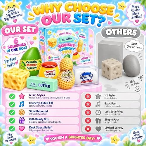 6 Pack Crunchy Squishy Box Slow Crunchy Squishies Mystery Fun Set (6PCS E) | Butter Peanut Pudding Cream Cheese Potato Asmr Filled, Squeeze Stress Ball Rebound Calming Desk Decor Moldable Adults thumbnail 4