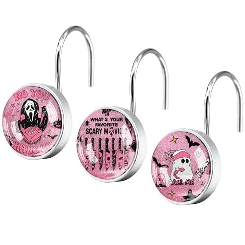 12 Pcs Gothic Horror Face Inspired Shower Curtain Hooks – Round Decorative Bathroom Rings – Rustproof Glass Surface Stainless Steel for Spooky Theme Decor - Image 1