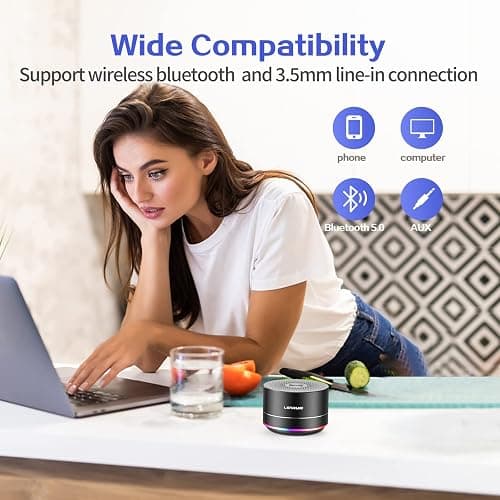 LENRUE Portable Bluetooth Speakers,Wireless Speaker with Clear Sound, Long Playtime, Small Mini Metal Speaker,Christmas Birthday Gifts for Men, Women,Kids(Black) thumbnail 3