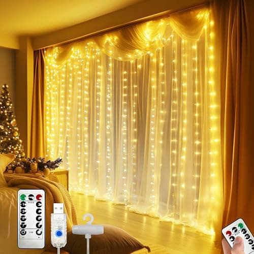 Fairy Lights for Bedroom, 300 LEDs Curtain Lights for Room Decor 8 Modes Christmas String Lights USB Powered Wall Hanging Twinkle with Remote Control for Wedding Party Backdrop Decor Warm thumbnail 2