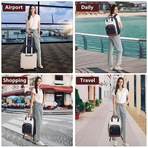 Laptop Backpack for Women, Fits 15.6 Inch Laptop Bag, Fashion Travel Work Backpack Anti-theft Bag with USB Charging, Business Computer Waterproof Backpack Purse, Beige Blue Brown thumbnail 6