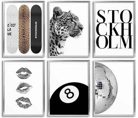 Fashion Trendy Leopard Wall Art Set of 6 Stockholm Preppy Room Painting Picture Wall Decor Black White Aesthetic Cheetah Poster Print Artwork for Girls Bedroom Dorm Apartment Home Decoration Unframed - Image 1