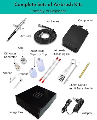 Gocheer Airbrush Kit with Air Compressor, 40 48 PSI High Pressure Air Brush Non-Clogging with 0.2/0.3/0.5mm Nozzle/Cleaning Sets, Ideal for Painting, Modeling, Cake Decor, Makeup (Black, 48 PSI) thumbnail 5