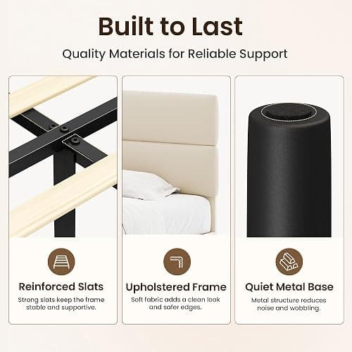 GRUSIGN Queen Size Platform Bed Frame with Velvet Headboard, Adjustable Height Wooden Slats Support, Upholstered Mattress Foundation, Fits Mattress or Mattress with Box Spring, Easy Assembly, Beige thumbnail 6