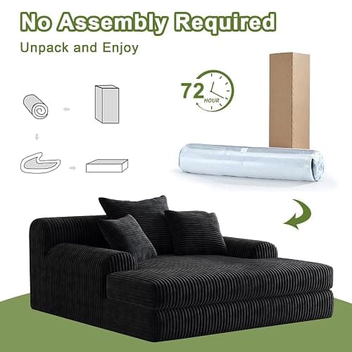 OOFAYJIA Oversized Chaise Lounge Chair Indoor, Corduroy Sofa Bed Sleeper with 3 Throw Pillows, No Assembly, Boneless Cloud Couch for Bedroom Living Room, Black thumbnail 6
