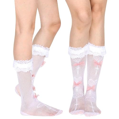 Benefeet Sox Womens Lace Knee High Socks Girls Ruffle Knee Highs Sexy Sheer Trouser Socks Black White Mesh Fishnet Stockings thumbnail 9