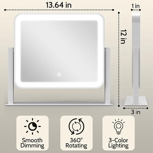 ROLOVE 14"x12"Vanity Mirror, Lighted Makeup Mirror for Vanity Desk, Smart Touch Control, 360° Rotation, 3-Color Modes, Gifts for Women, Bedroom, White thumbnail 2