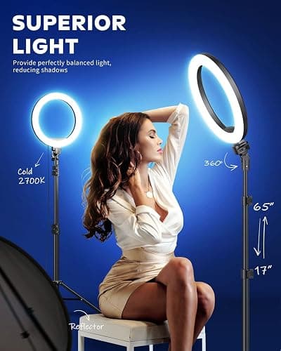 Kaiess 10.2" Selfie Ring Light with 65" Adjustable Tripod Stand & Phone Holder for Live Stream/Makeup, Upgraded Dimmable LED Ringlight for Tiktok/YouTube/Zoom Meeting/Photography thumbnail 3