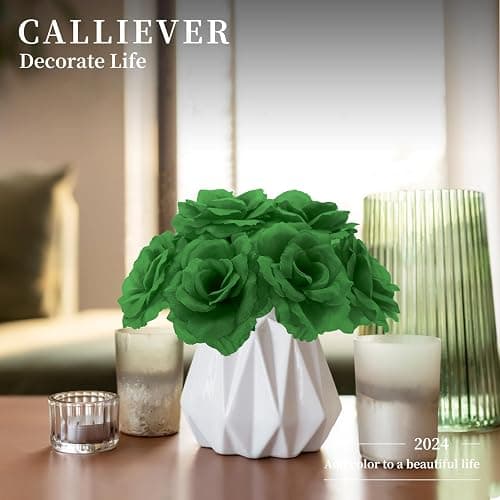 Eternal Blossom 50 Pcs Dark Green Roses Flowers, Artificial Flower with Stem, Rose Bouquet for Decoration, 3 in Silk Fake Flower for Wedding Party Home Decor DIY Baby Shower thumbnail 2