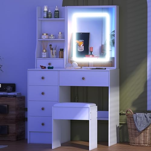 Umeiga Vanity Desk with Sliding Mirror and LED Lights, Small Makeup Vanity Table Set with Chair and Drawers, White Vanity with Lighted Mirror for Bedroom, Dressing Table for Teen Girls and Women thumbnail 3